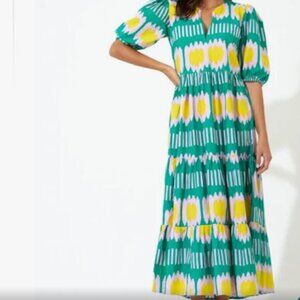 Oliphant V Neck Ikat Green Maxi Dress with Puff Sleeves